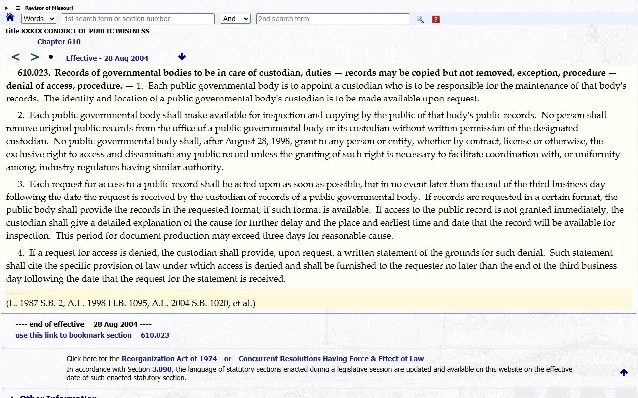 Pike County court records Missouri records custodian response provisions