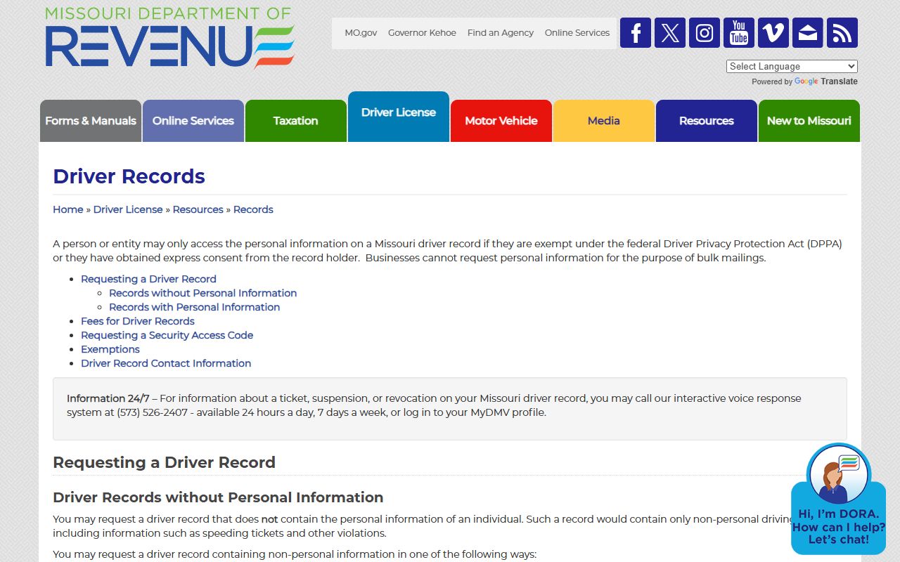 Pike County traffic court records Missouri DOR driving records source